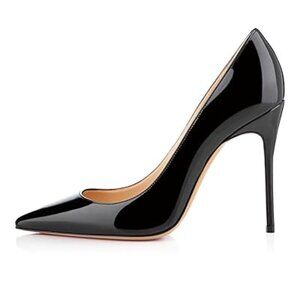 FSJ Black Pointed Toe Pumps Classic Slip-on High Heels Office Dress Shoes